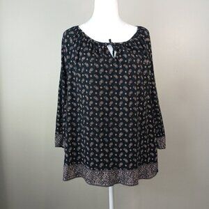 LRL LAUREN JEANS CO PEASANT STYLE TOP, BLACK WITH TAN PAISLEY , SIZE XL